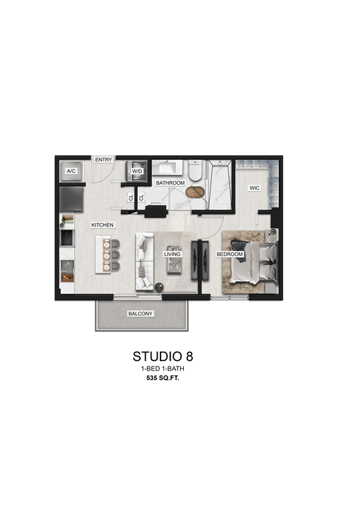 Floor plan for studio, 1 bath, 535 sqft
